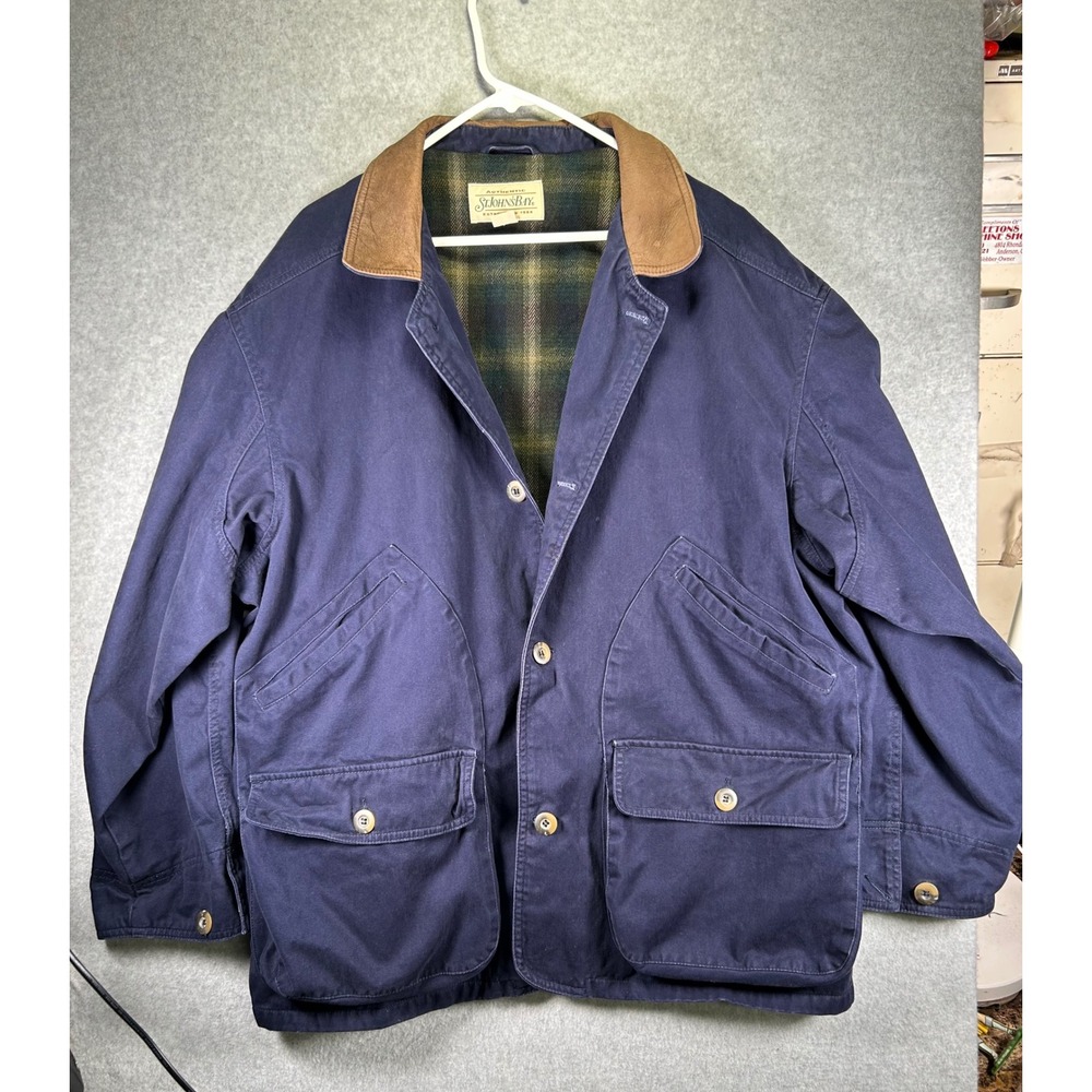 Wear*St Johns Bay Mens Navy Blue Canvas Barn Coat Leather Collar Plaid Lined XL